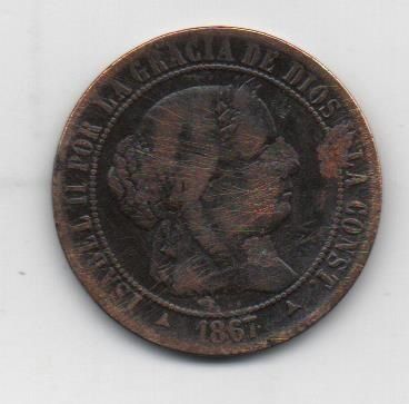 ESPAÑA ISABEL II DEL AÑO 1867 DE 2 1/2 CENTIMOS DE ESCUDO